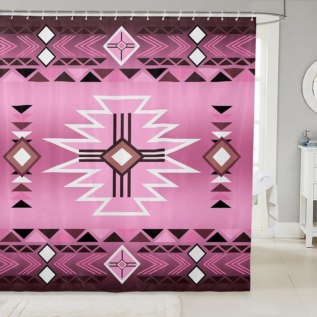 Southwest Shower Curtain, Geometric Aztec Tribal Pattern Bathroom Curtain Vintage Striped Western Waterproof for Kids Girls