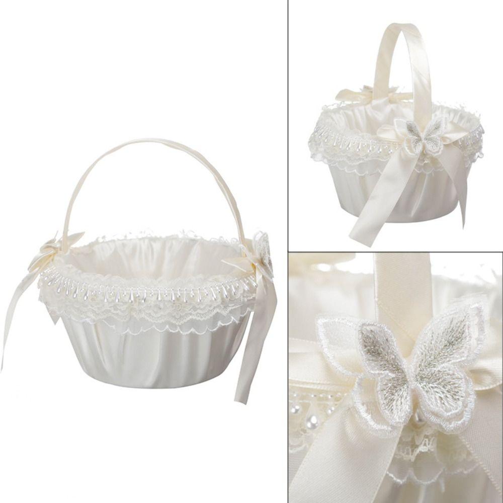 Lace Wedding Flower Basket Ribbon Bow Pearl Handle Satin Bow Hanbag Rose Flower White Color Wedding Party Decorations Festival