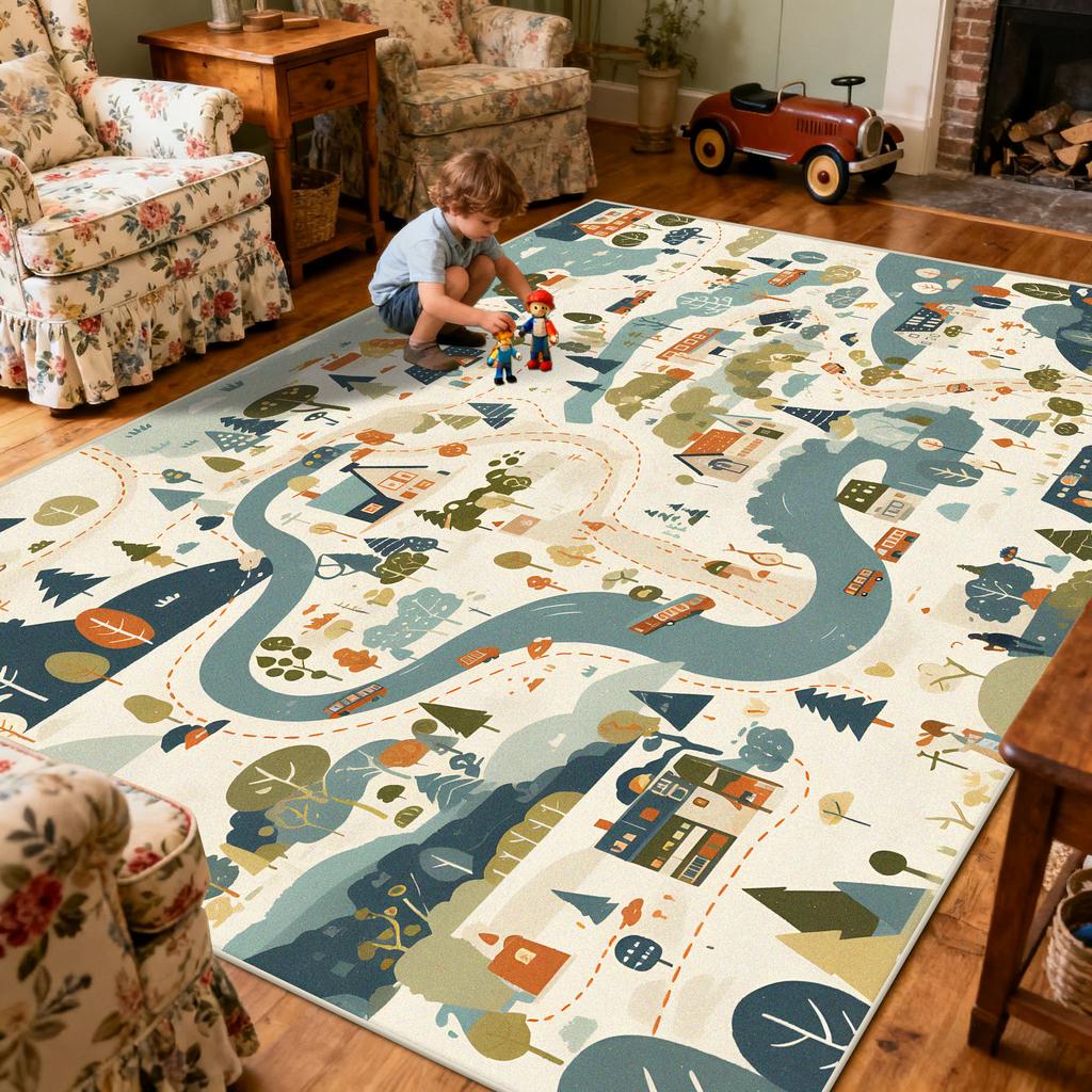 Children Amusement Park Living Room Carpet Thickened Short Velvet Cartoon Road Large Rugs Decor Bedroom Baby Crawling Mat Floor