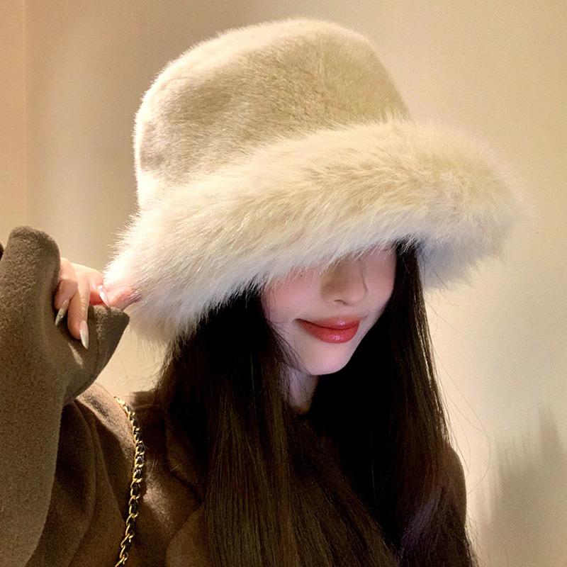 Plush hat female autumn and winter show small face warm ear protection plain face fluffy thickened versatile bucket hat