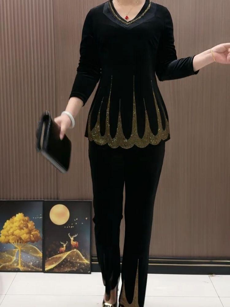 2pcs Pants Suit Spring Women's  Plus-size Velvet Blouse Rhinestone Elastic Waistband High-waist Velvet Pants Two-piece Set