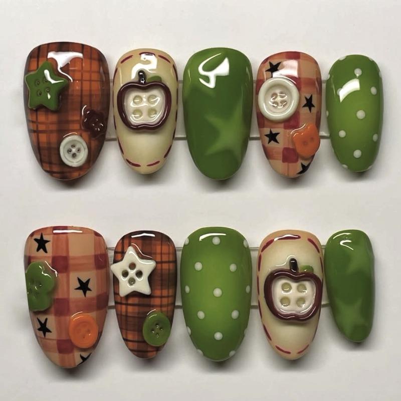 

24PCS Vintage Brown Plaid Almond Wearable False Nail Green Apple Star Fake Nails Retro Polka Dots Buttons Pattern Nails Press On