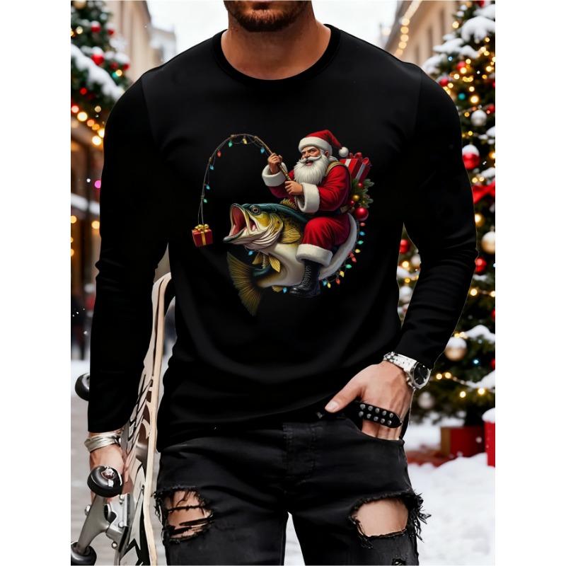 Men's Comfortable Long-sleeved T-shirt with Christmas Design and Casual Crew Neck for Outdoor Wear