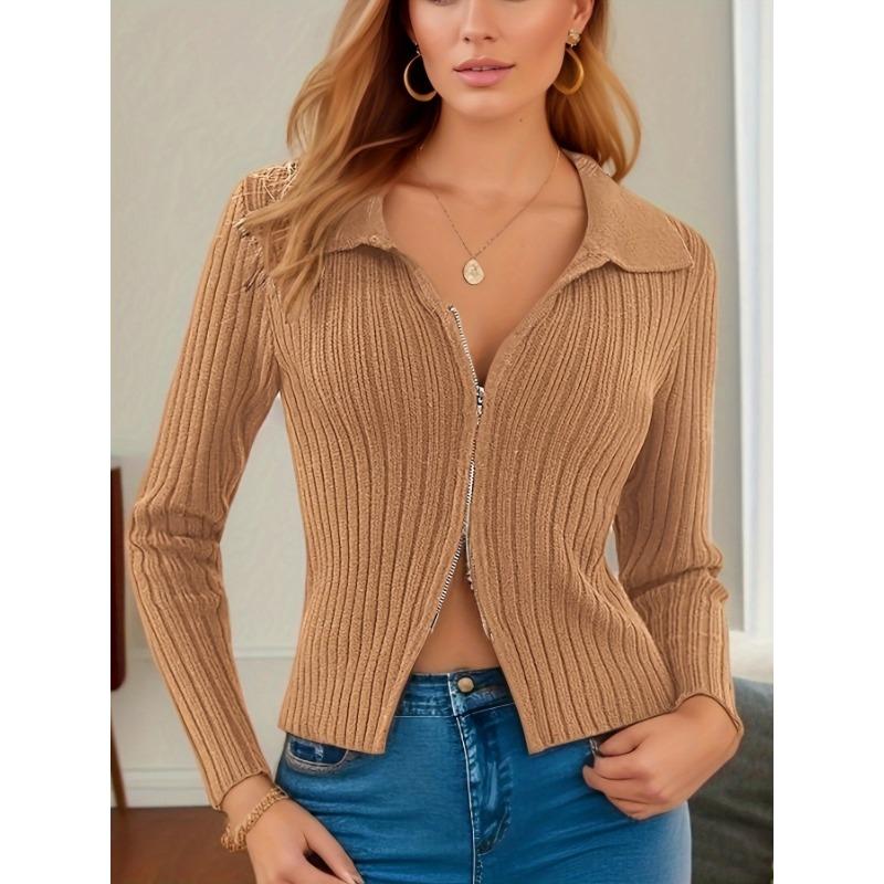 

Однотонний жіночий светр із застібкою-блискавкою з довгим рукавом і горловиною-поло з ребристою в’язкою, тонкий короткий светр-пуловер XL коричневий