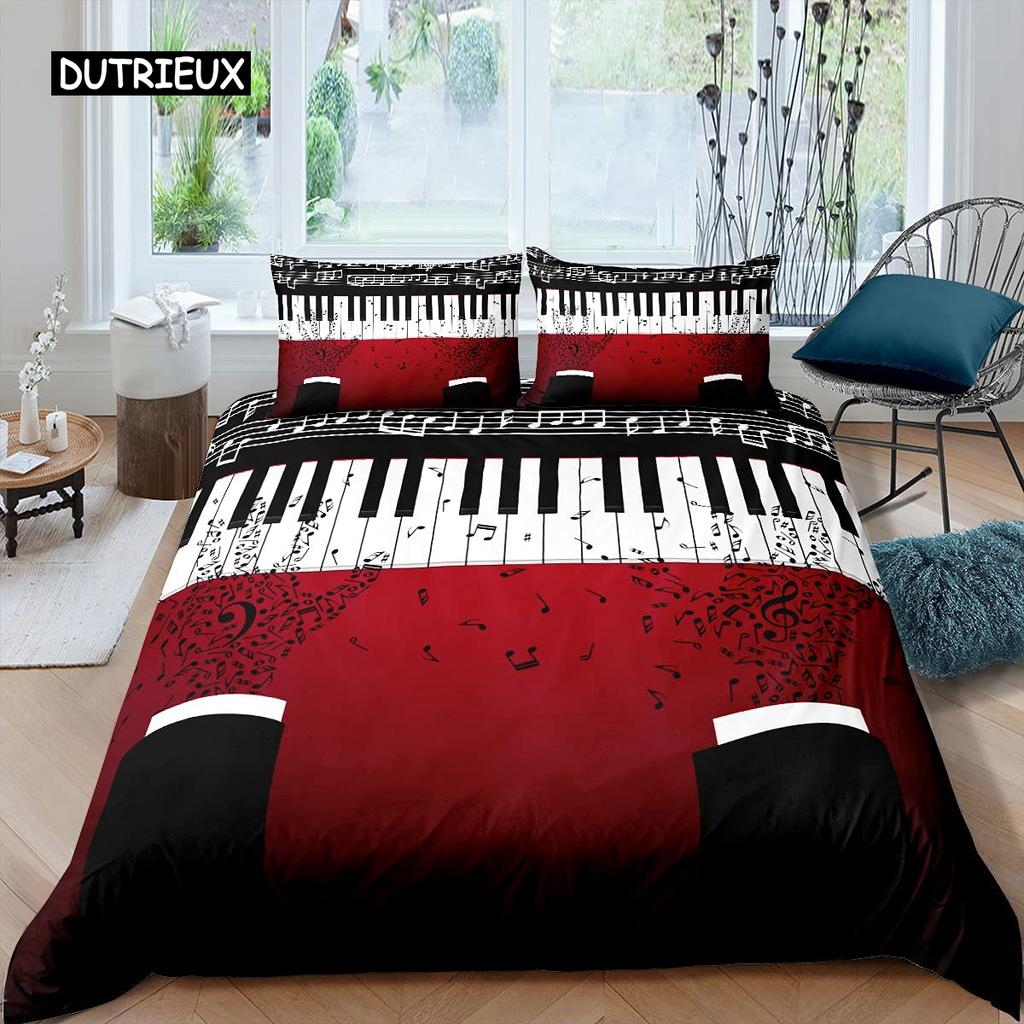 Piano Pattern Duvet Cover Microfiber Classic Music Themed 2/3Pcs Bedding Set Musical Pattern Geometric Stripe King Quilt Cover
