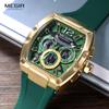 Megir Quartz Watch for Men Waterproof Silicone Strap Fashion Tonneau Case Chronograph Sport Wristwatch with Date Luminous Hands
