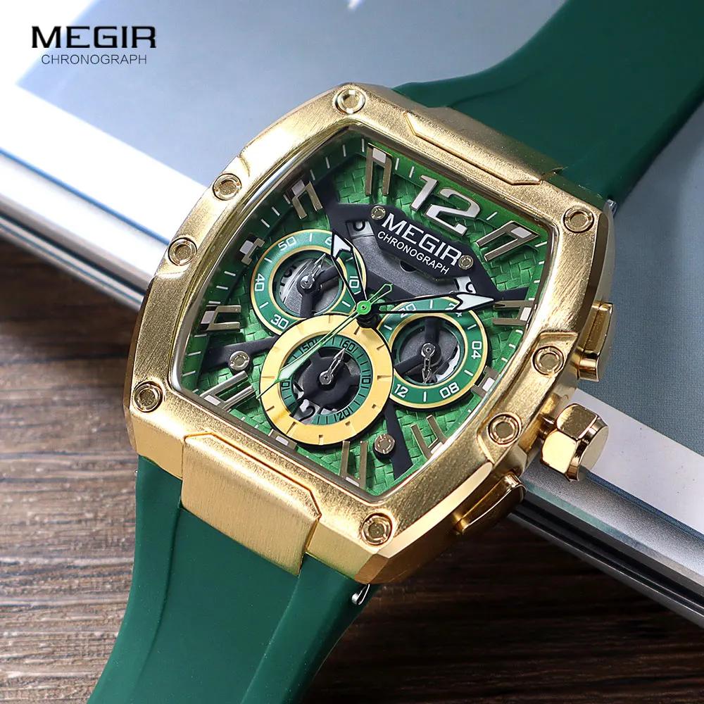 Megir Quartz Watch for Men Waterproof Silicone Strap Fashion Tonneau Case Chronograph Sport Wristwatch with Date Luminous Hands