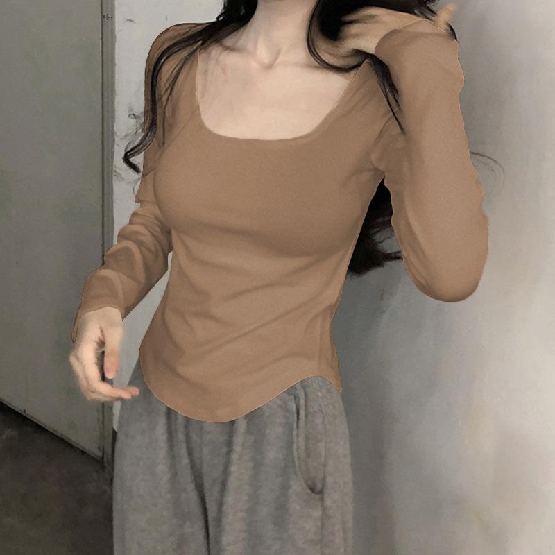 

GMXIA Long Sleeve T-shirt Women Spring and Autumn Small White Retro Base Shirt Fitted with A Foreign Square Collar on The Clothes XXL хаки