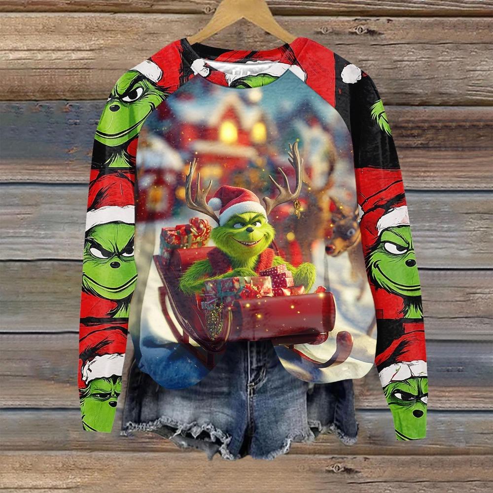 Christmas Fashion Men and Women's Pullover Green Monster Print O-Neck T-shirt Top Casual Outdoor Sweatshirt Kids T-shirt Top Clothing