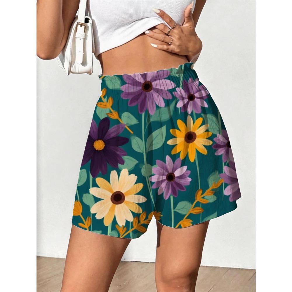 Women s Summer Lightweight Ruffled Waist Bermuda Shorts - Vibrant Teal Daisy Print Loose Fit Casual Suitable S