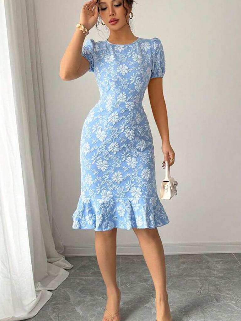 Overseas Summer New Arrival Small Daisy Relief Dress Slim Fit Mermaid Tail Short Sleeve