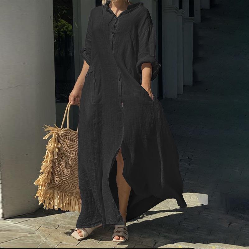 GMXIA Casual Pocket Shirt Neck Long Dress Casual Cotton Linen Plus Size Dresses