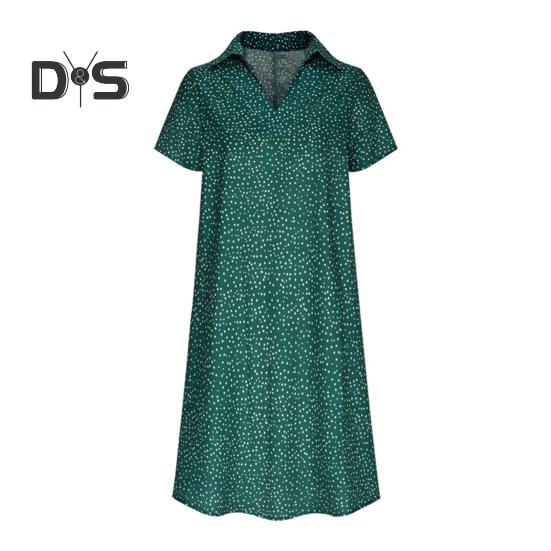 Summer Dress Dot Printing Short Sleeves Loose A-line Shirt Dress V Neck Knee Length Midi Dress for Dating Travel Vacation