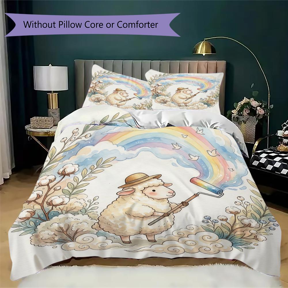 Watercolor Sheep Pattern Bedding Uilt Set Uilt Cover Pillowcase Home Decoration Birthday Gift (1 * Duvet Cover + 2 * Pillowcase Without Core)