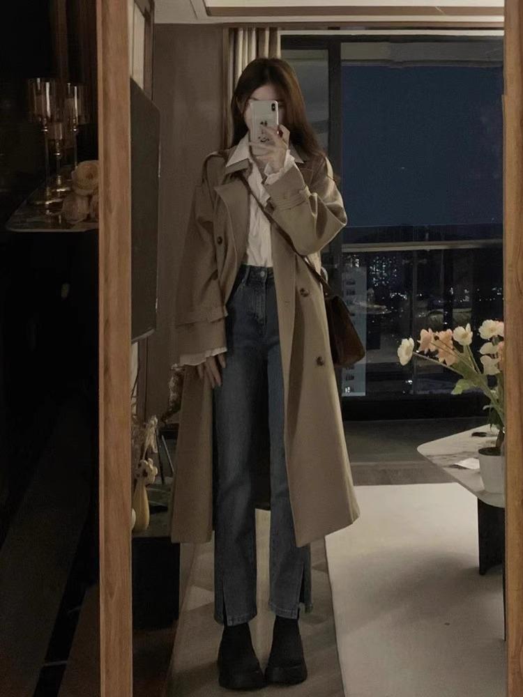 Women's Popular Khaki Trench Coat - British Style, Mid-Length, Petite Fit for Spring & Autumn 2025