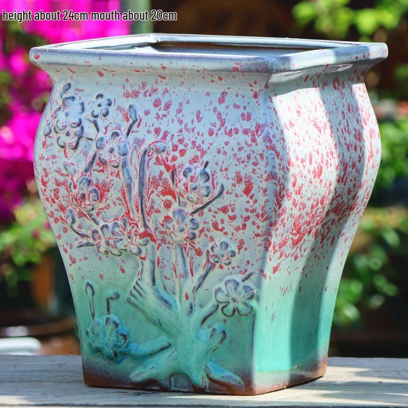 Creative Handmade Coarse Pottery Terracotta Pot - Large Square Glossy Glazed Planter with Low Breathable Rim for Succulents and Pothos