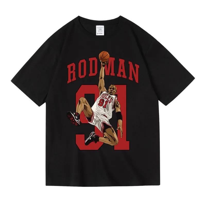 American Street Style Basketball Rodman Printed Shortsleeved Loose Roundneck Pure Cotton Summer Tshirt for Men and Kids Bf
