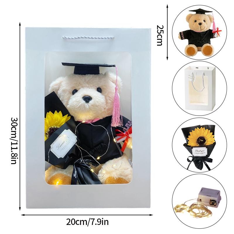 

Graduation Gift Bear Doll Throw Pillow Artificial Sunflower with String Light Gift Bag Packaging Mortarboard Graduation Gift Set