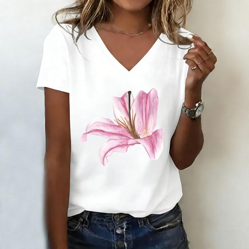 

Women s V-neck casual and fashionable flower T-shirt XL
