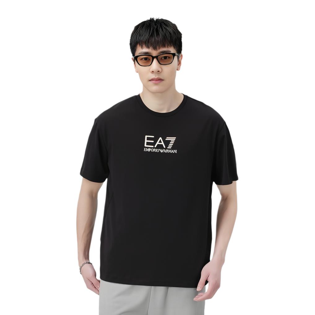 Emporio Armani EA7 Gold Logo Printed Plain Knit Crew Neck Short Sleeve T-Shirt Men Tops Black 7M000301-AF13739-UC001