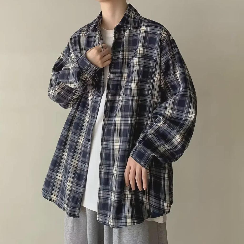 Men's Hong Kong-Style Plaid Shirt: Trendy Japanese Long-Sleeve for Spring & Autumn