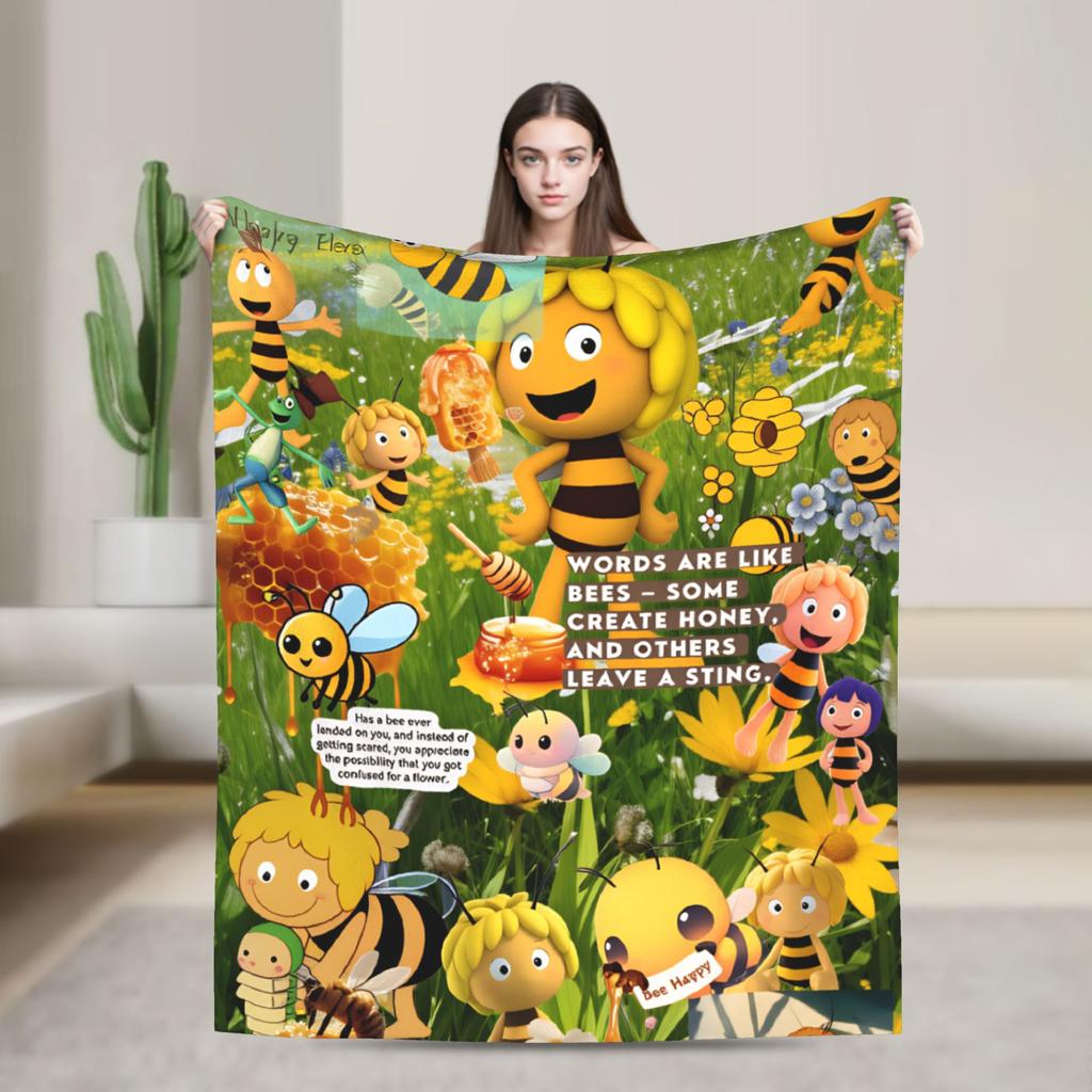 Maya The Bee With Flowers Blanket Cartoon Soft Comfortable Plush Throw Blanket For Couch Bed Camping Flannel Bedspread Bed Cover