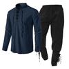 2Pcs Men's Medieval Knight Costume Set Renaissance Cosplay Pirate Shirts Ankle Banded Pants for Halloween Cotton Linen Fabric