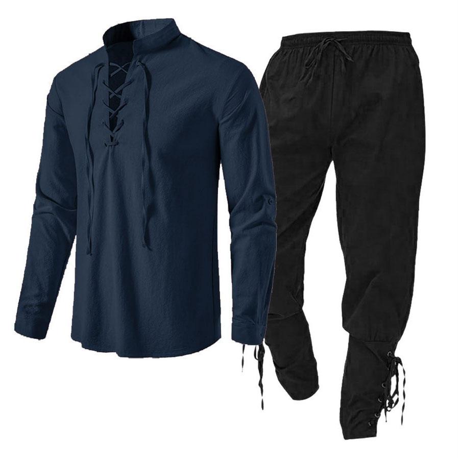 2Pcs Men's Medieval Knight Costume Set Renaissance Cosplay Pirate Shirts Ankle Banded Pants for Halloween Cotton Linen Fabric