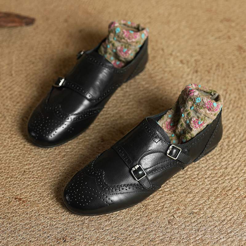 Krazing Pot Cow Skin Fashion Spring Autumn Low Heels metal buckle Oxford Shoes Women Round Toe Leisure Brogues flats