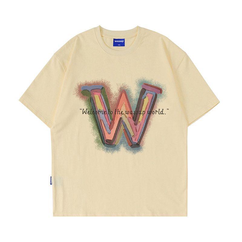 Wassup Retro Inkjet Letter T-Shirt Short-Sleeved Men's Summer Loose Casual Heavyweight Pure Cotton Couple's Round Neck Top