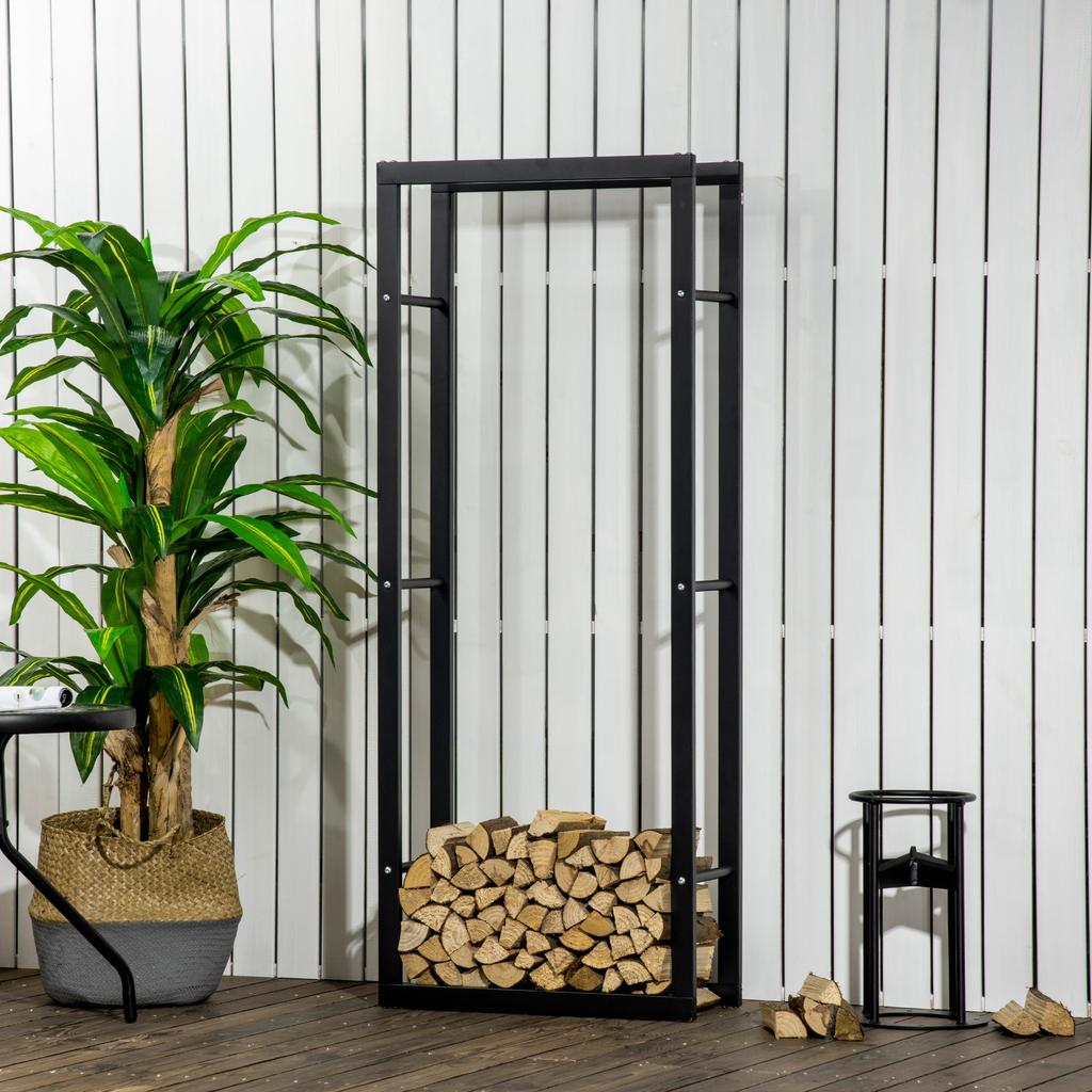 Metal Firewood Log Holder Tall Firewood Rack Indoor Outdoor Fireplace Wood Storage Shelf, Black, 60Wx25Dx150Hcm