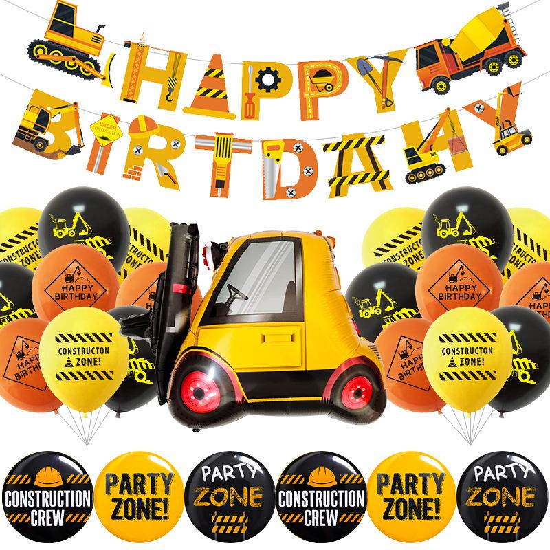 Traffic Construction Vehicle Latex Balloon Pulling Flag Badge Set Birthday Party Decoration Venue Layout