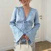 Women Elegant Satin Blouse Lace V Neck Flare Sleeve Silk Shirt Casual Solid Color Tie Front Top Vintage Office Ladies Blouse Party Clubwear