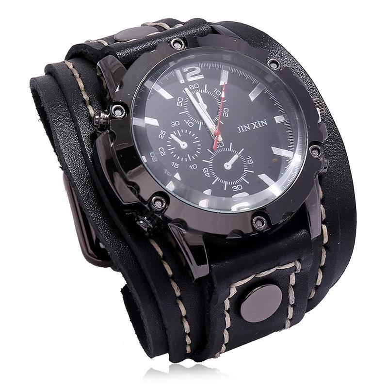 Punk Retro Large Dial Hand-stitched Cowhide Watch with Hip Hop Leather Bracelet