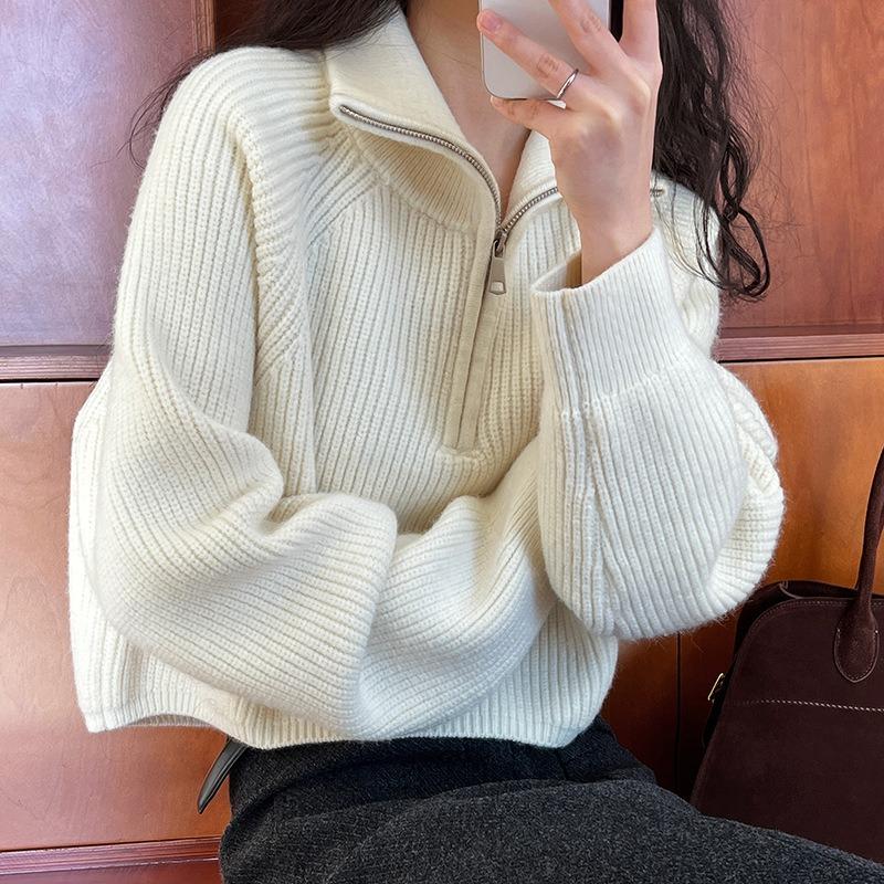 Pullovers for Women Turn-down Collar Zipper Casual Sweater Autumn Winter New Fashion Thermal Female Long Sleeve Jumpers