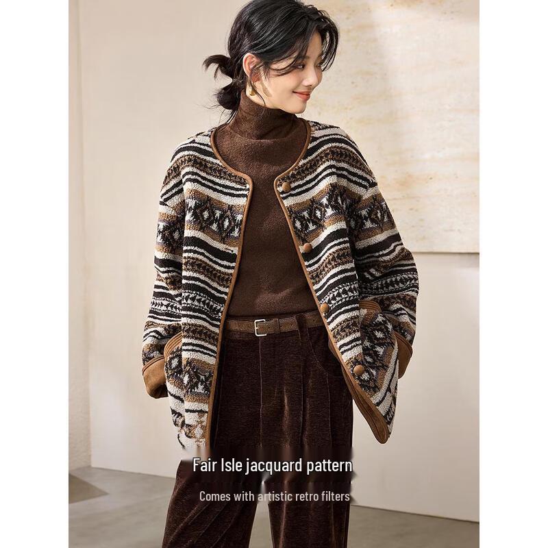 Women's Retro Fair Isle Jacquard Sherpa Fleece V-Neck Jacket