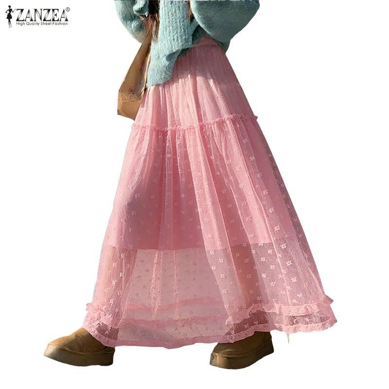 ZANZEA Women Casual Elastic Waist Loose Mesh Tulle Skirts