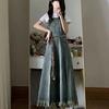 Retro College-Style Fringe Denim Overall Skirt & Loose Short-Sleeve T-Shirt Set for Women