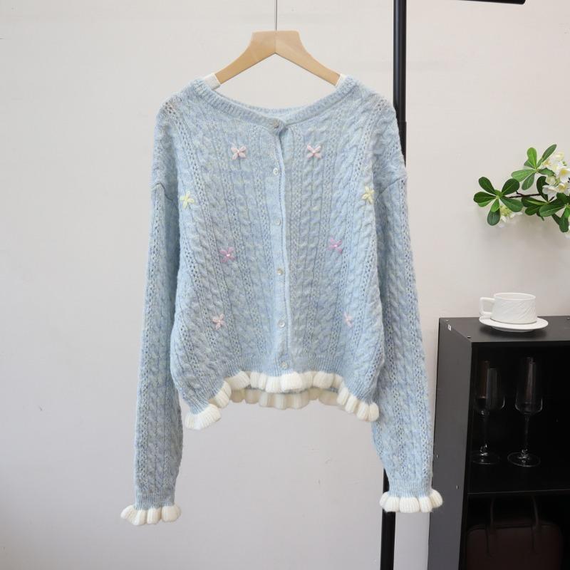 Autumn New Embroidered Loose Ruffle Edge Design Sense Knitted Cardigan Soft Waxy Sweet Sweater Jacket Women