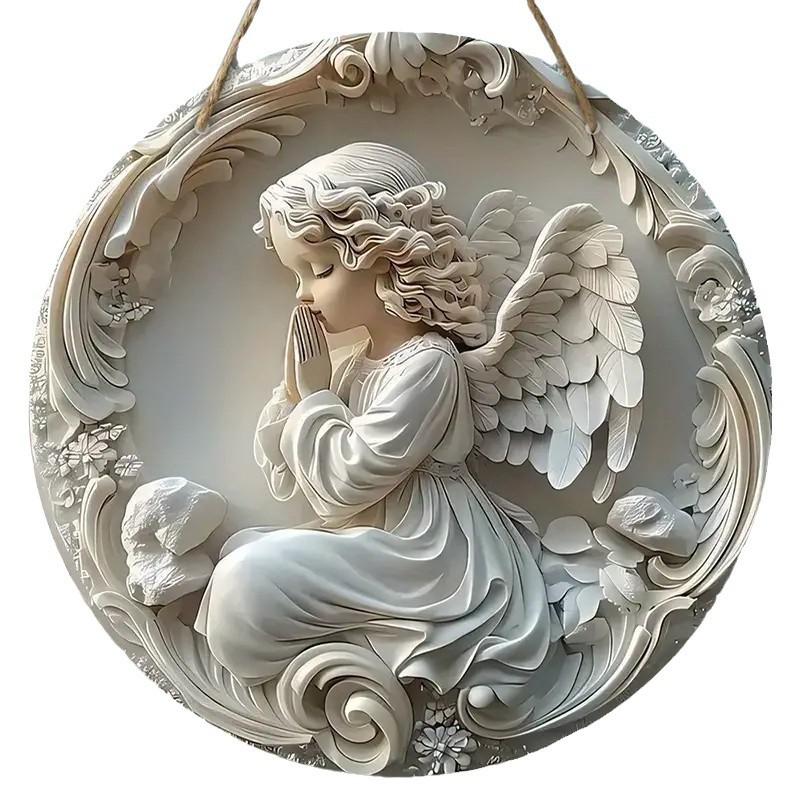 1 adet 2D Noel Melek Kanatları Kale Vaftiz Umut Akrilik 20cm/7.87 İnç Yuvarlak Duvar veya Kapı Dekorasyonu, Şükran Günü