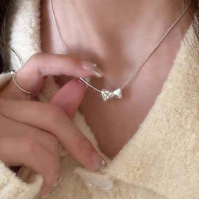 Trendy Silver Color Bow Pendant Necklace for Woman Simple Metal Bow Clavicle Chain Necklace Party Jewelry Gifts