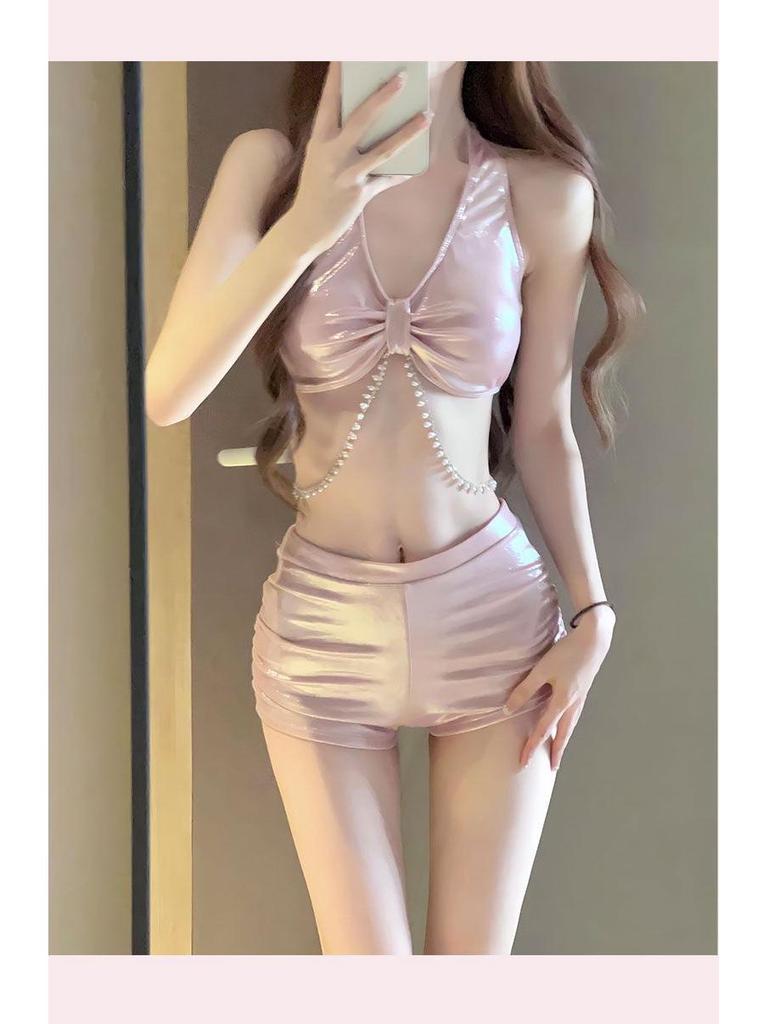 Set Bikini Sexy cu Lanț de Diamante pentru Femei: Costum de baie subțire din trei piese cu sclipici pentru vacanță și izvoare termale