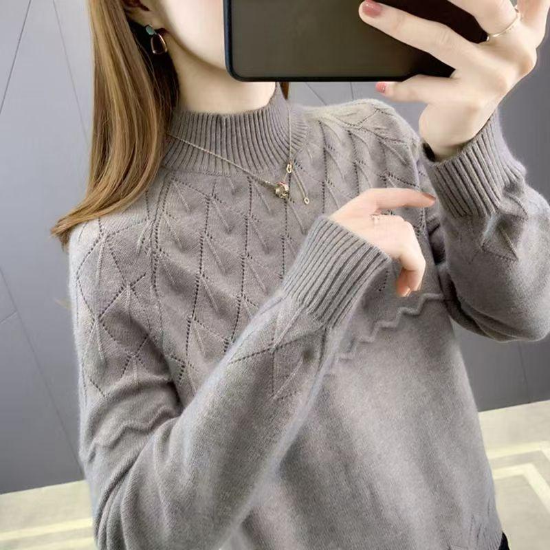 Women's Loose Half-High Neck Knit Sweater - Solid Color, Versatile Autumn/Winter Pullover