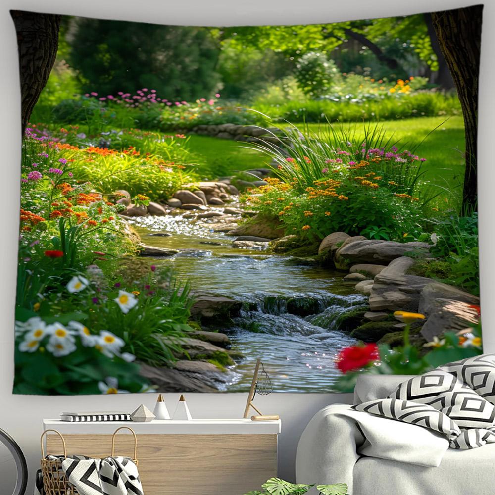 Asian Style Landscape Tapestry Nature Scenery Forest Waterfall Bedroom Living Room Home Wall Hanging Decor Natural Tapestry