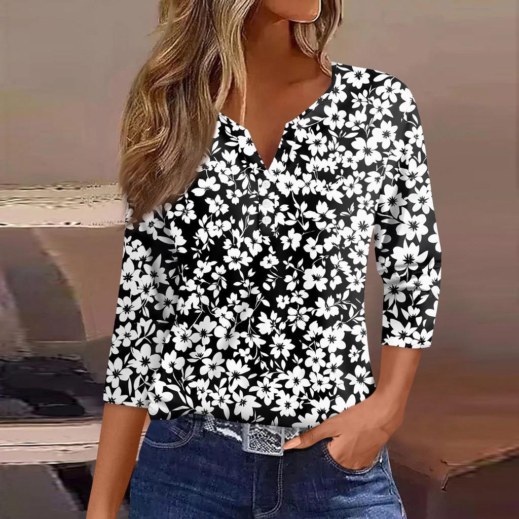 Women's T Shirt Print Button 3/4 Sleeve Daily Weekend Fashion Basic V- Neck Regular Top