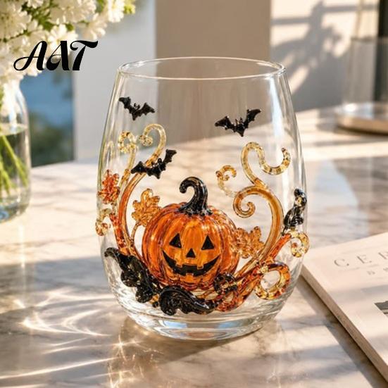 Halloween Party Glassware Ghost Whiskey Glass, Black Cat Spider Net Skull Tumbler for Decorative Kitchen Cocktail, 350ml Spooky Drinkware Home