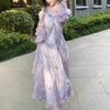 Purple Gradient Butterfly Print Long Sleeve Dress with Ruffled Edges