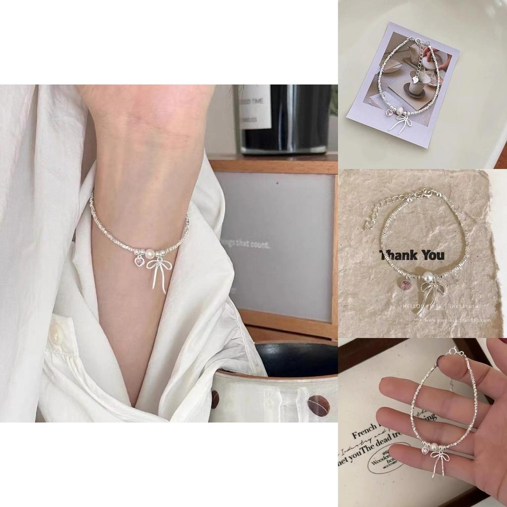 Chic Silver Bow Bracelet With Pink Heart Pendant Fresh And Graceful Summer Womens Jewelry