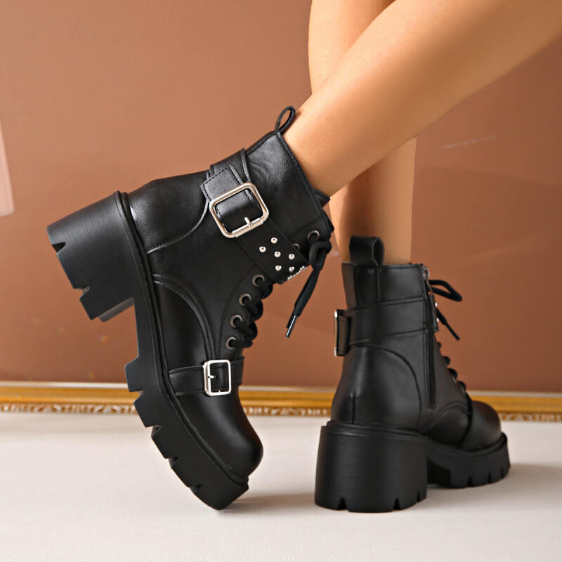 Fashion Punk Metal Belt Buckle Thick Bottom Black Ankle Boots Women 2025 Winter Gothic Chunky Platform High Heel Boots Sexy Y2K Shoes