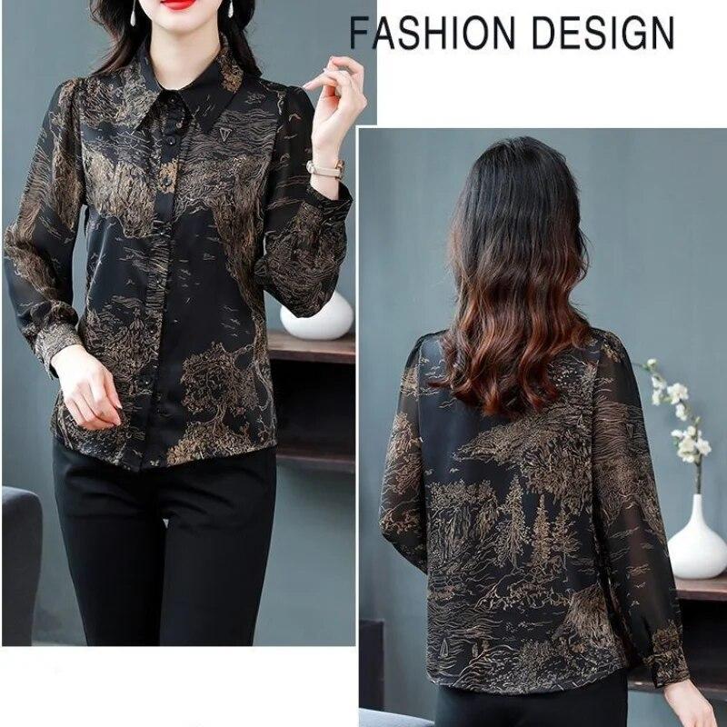 Spring Autumn New Print Chiffon Shirt Women's Long Sleeve Top Fashion Turn Dowar Collar Bottoming Blouse M-4XL